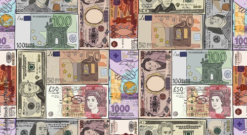 Money banknotes of different countries. US dollar, British pound sterling, Japanese yuan, Russian ruble, Swiss franc, Euro. Hand drawn sketch. Seamless pattern background