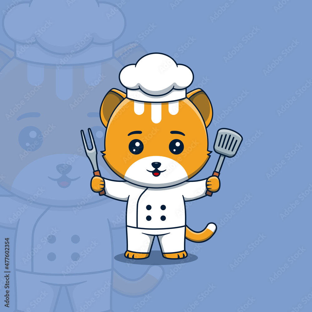 Cute cat chef holding spatula and barbecue fork