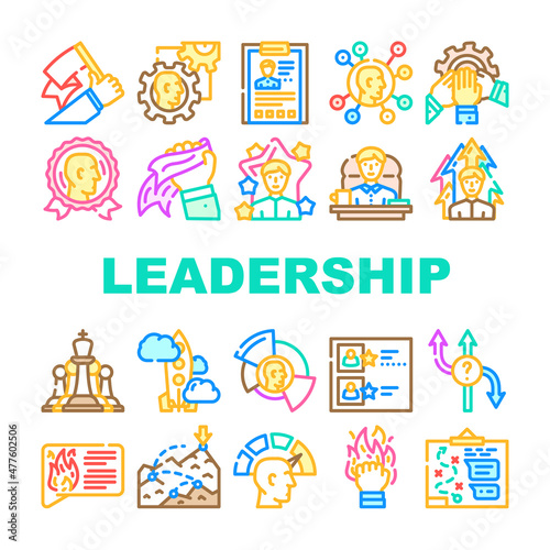 Leadership Leader Business Skill Icons Set Vector. Motivation Employee And Manager Career, Network Communication And Planning Strategy, Businessman Leadership Line. Color Illustrations
