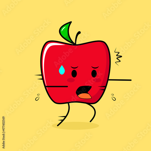 cute red apple character with afraid expression and run. green and red. suitable for emoticon, logo, mascot or sticker
