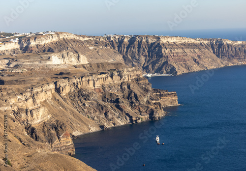 Panoramic view of the Santorini caldera cliffs from the Imerovigli village on Santorini island, Greece