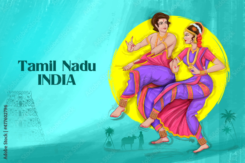 couple performing Bharatanatyam dance traditional folk dance of Tamil
