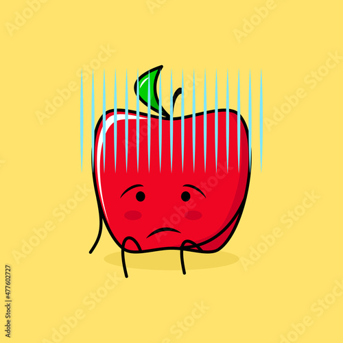 cute red apple character with hopeless expression and sit down. green and red. suitable for emoticon, logo, mascot and icon