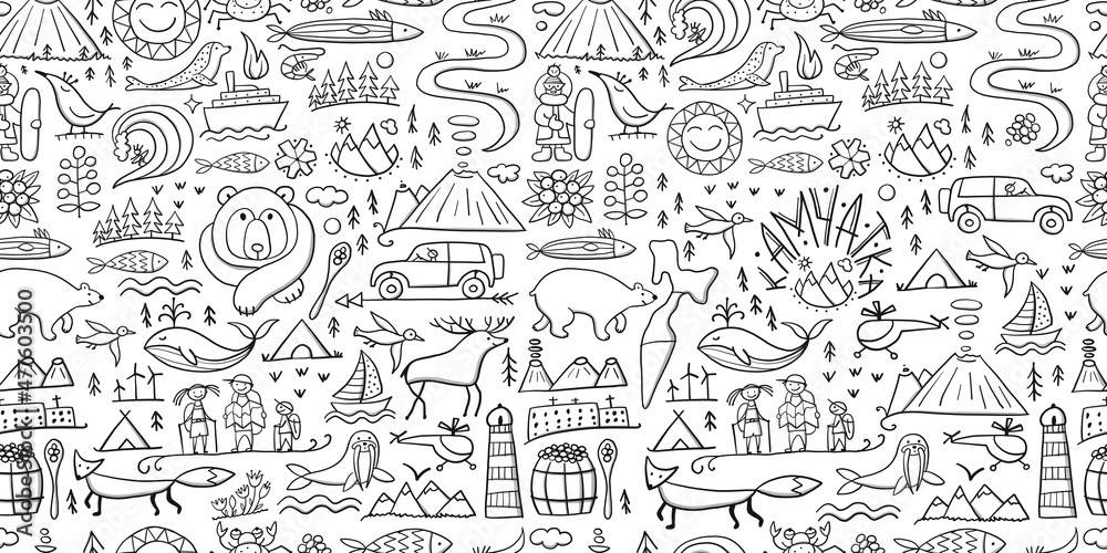 Travel to Peninsula Kamchatka. Eurasia, Russian Far East. Wild Nature and Animals. Colouring Seamless Pattern