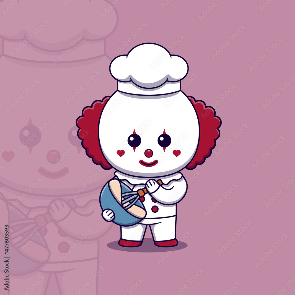 Cute clown chef with whisk and mixing bowl Cute clown chef with whisk and mixing bowl