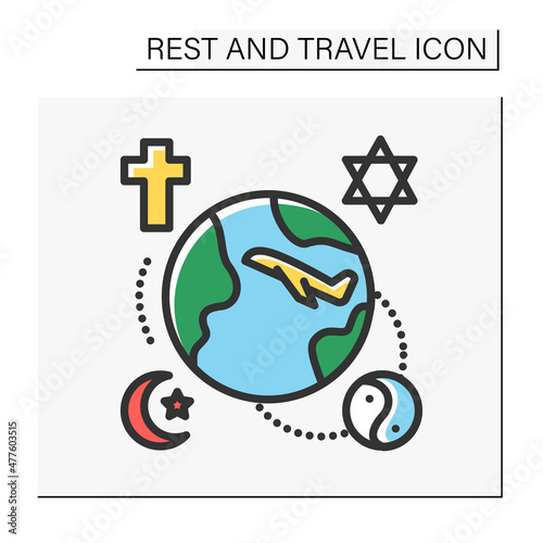 Religious tourism color icon. Faith tourism. Traveling to holy, sacred places or cities. Pilgrimage. Tourism types concept. Isolated vector illustration