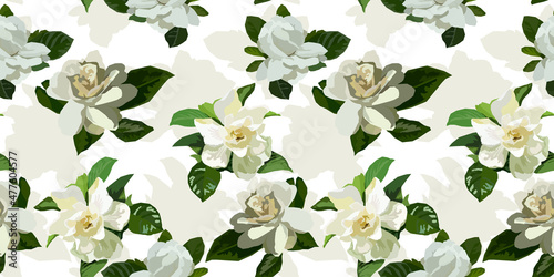 Gardenia flowers  seamless pattern. White floral elegant background
