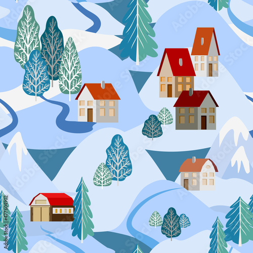 Wallpaper Mural Vector - Winter landscape with hills, houses and trees,
seamless pattern. Torontodigital.ca