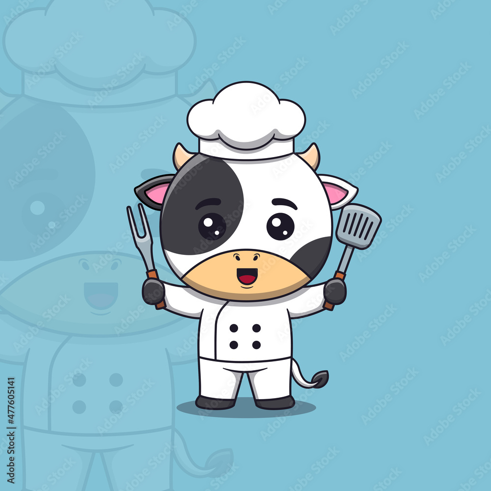 Cute cow chef holding spatula and barbecue fork Cute cow chef holding spatula and barbecue fork