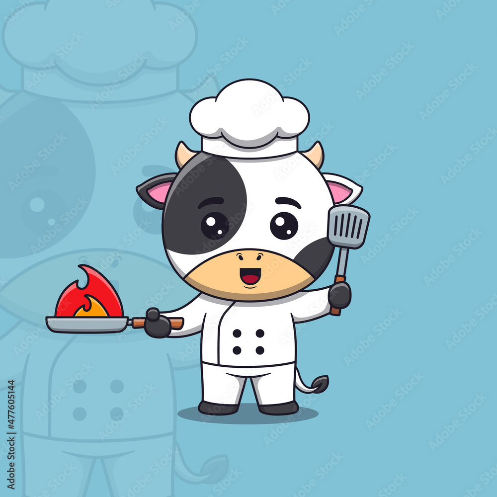 Cute cow chef holding spatula and Burning Frying Pan Cute cow chef holding spatula and Burning Frying Pan