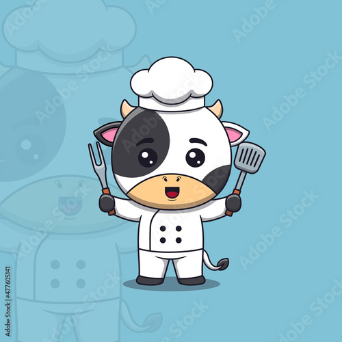 Cute cow chef holding spatula and barbecue fork