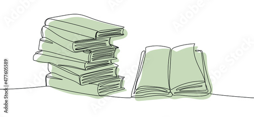Continuous one line drawing of stack of books with open book. Education  and  back to school concept. Vector illustration