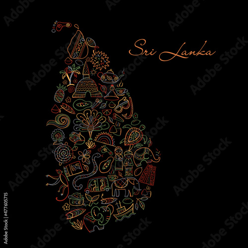 Sri Lanka travel, art map. Tribal elements for your design