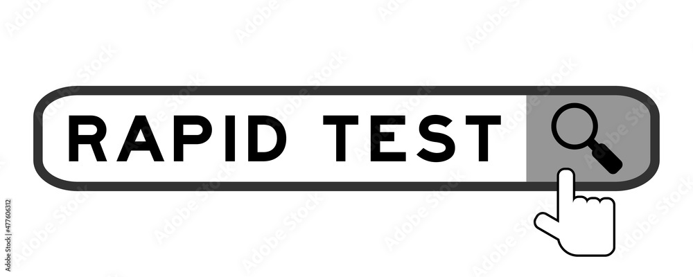Search banner in word rapid test with hand over magnifier icon on white background Search banner in word rapid test with hand over magnifier icon on white background