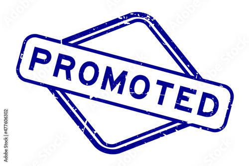 Grunge blue promoted word rubbber seal stamp on white background
