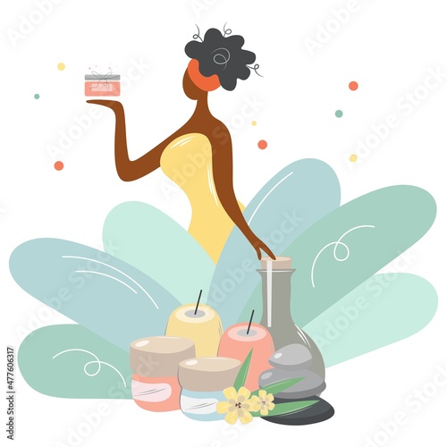 Cute African American woman holding organic cream in the palm of her hand. Large cosmetic spa set. The girl chooses natural skin and body care products. Lady in large leaves Flat vector isolated style