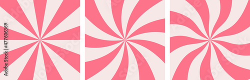 Sweet Candy Swirl Pink Background Set. Strawberry, Raspberry Lollipop, Yogurt Twist Template. Color Caramel Twirl Pattern. Abstract Modern Design. Vector Illustration