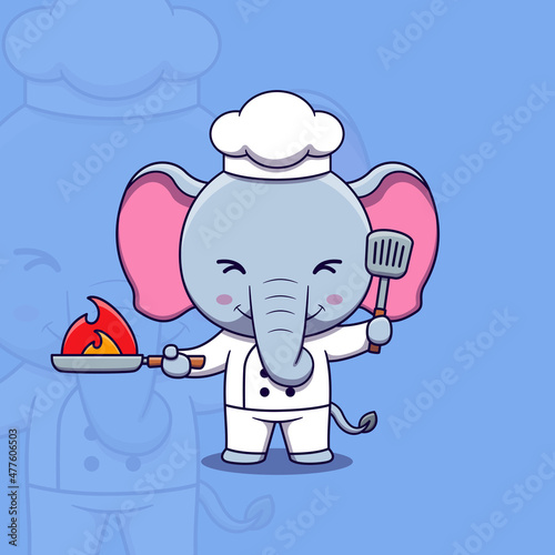 Cute elephant chef holding spatula and Burning Frying Pan