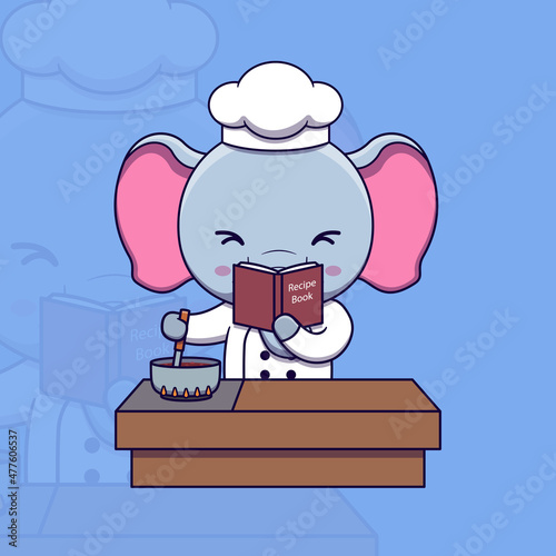 Cute elephant chef cooking while looking at the recipe book