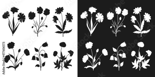 Set of wild flowers isolated silhouette. Hand drawn floral sketch, black stamp, minimalist style. Vector herb elements for organic products package, stencil, herbarium illustration, screen printing.