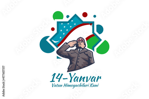 Translation: January 14 is Day of Defenders of the Motherland. Happy Uzbek Army Day vector illustration. Suitable for greeting card, poster and banner.