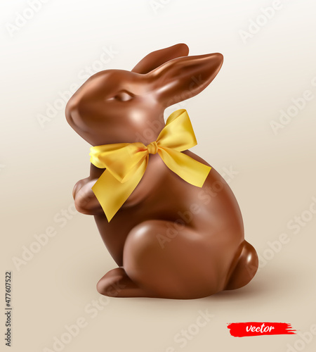 Chocolate easter bunny with yellow ribbon bow on beige background. Realistic vector illustration of chocolate Easter bunny. Easter card or poster.
