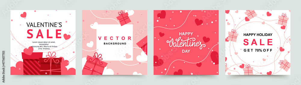 Valentine's Day holidays square templates.Social media post with  gift boxes and hearts.Sales promotion on Valentine's Day.Vector illustration for greeting card, mobile apps, banner design and web ads - obrazy, fototapety, plakaty 