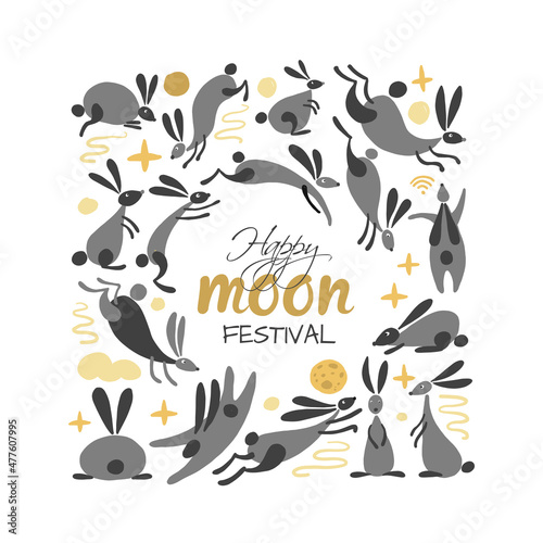 Funny rabbits. Mid-autumn festival elements. Bunny collection. Vector illustr...