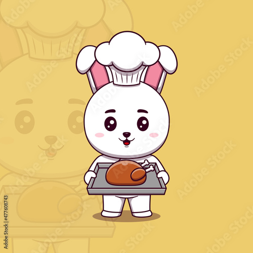 Cute rabbit chef holding a tray of roast chicken