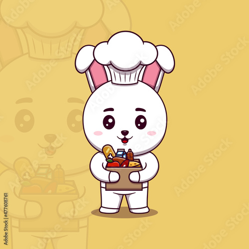 Cute rabbit chef holding cardboard box full food