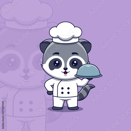 Cute raccoon chef holding restaurant cloche