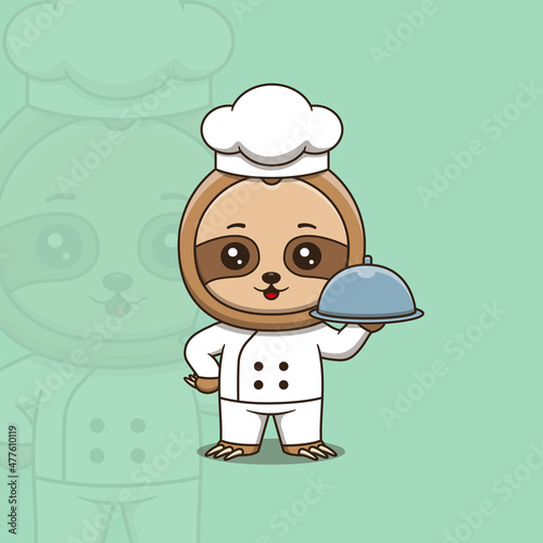 Cute sloth chef holding restaurant cloche