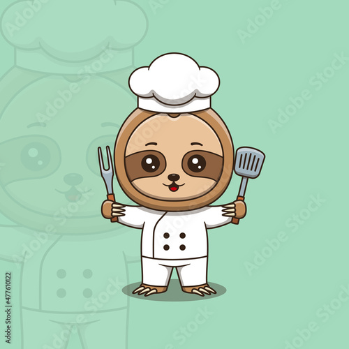 Cute sloth chef holding spatula and barbecue fork