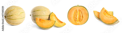 Set with delicious ripe melons on white background. Banner design