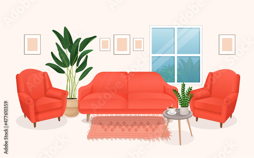 Modern living room interior with furniture and home plants. Design of a cozy room with a sofa, armchairs, plants and decor items. Vector flat style illustration. lounge room.
