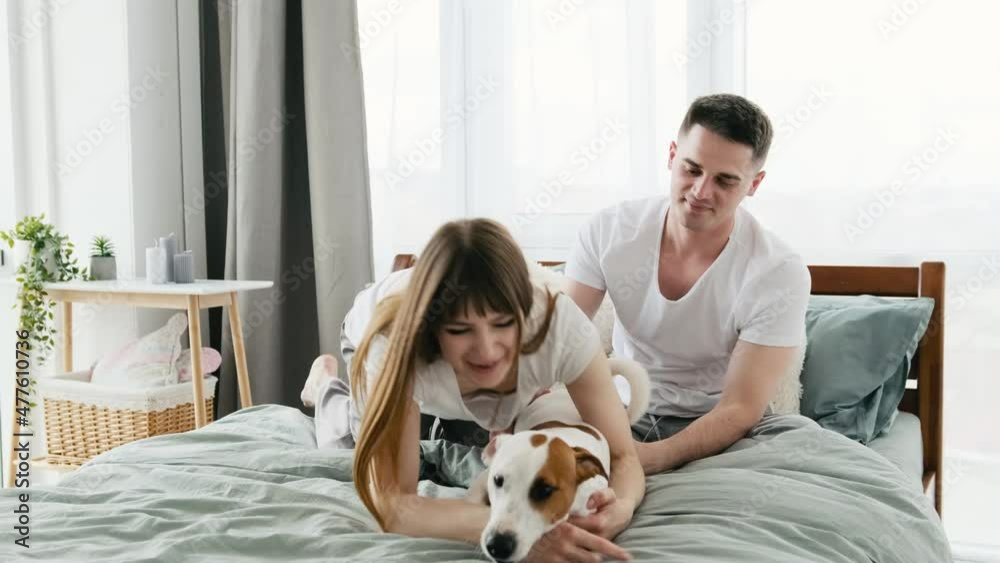 Beautiful young couple staying in the bed in the morning and peting cute dog. Attractive woman and man in their bedroom with pet. Happy family relationships concept Beautiful young couple staying in the bed in the morning and peting cute dog. Attractive woman and man in their bedroom with pet. Happy family relationships concept