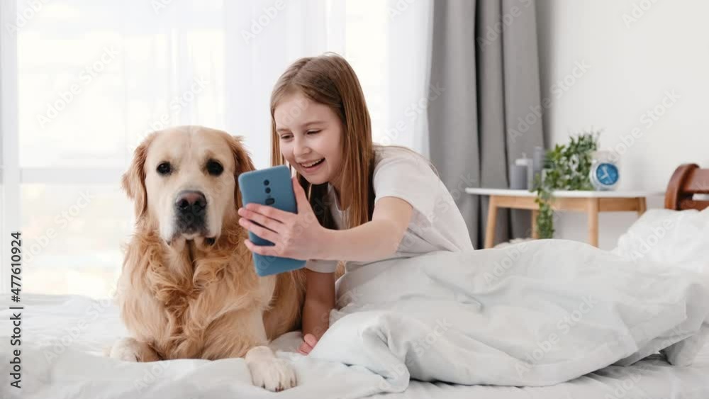 Beautiful preteen little girl sitting in the bed with golden retriever dog with smartphone. Cute smiling kid with pet and cell phone. Beautiful preteen little girl sitting in the bed with golden retriever dog with smartphone. Cute smiling kid with pet and cell phone.