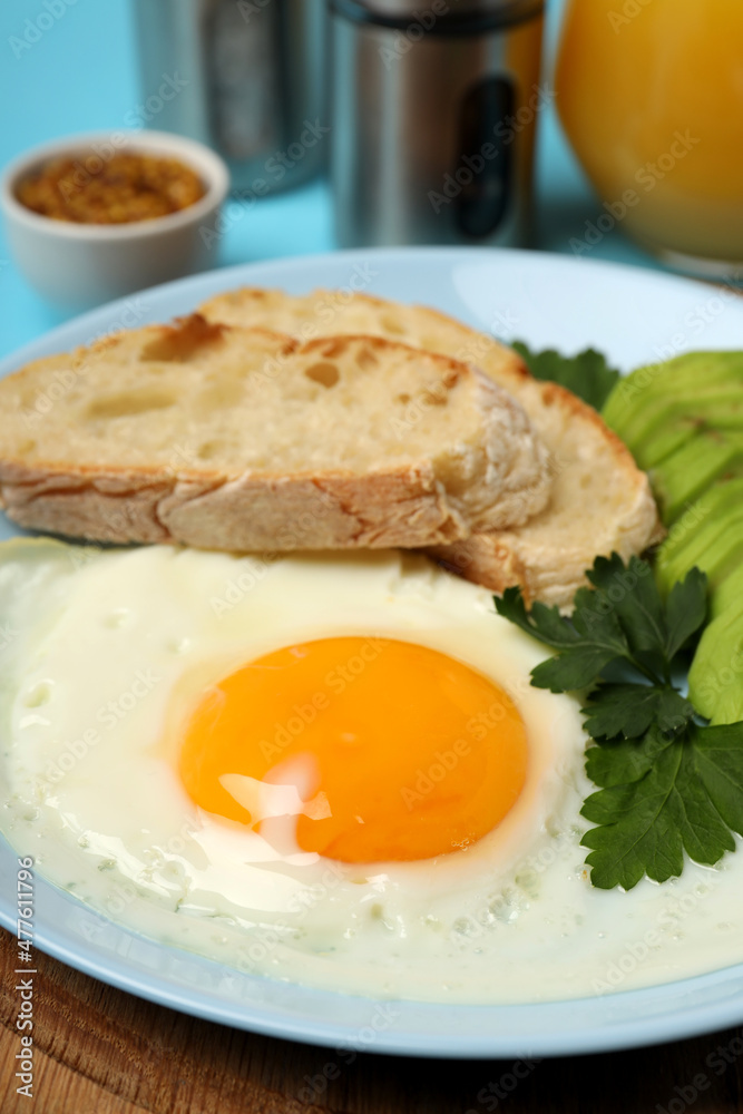 Concept of tasty breakfast on blue background Concept of tasty breakfast on blue background