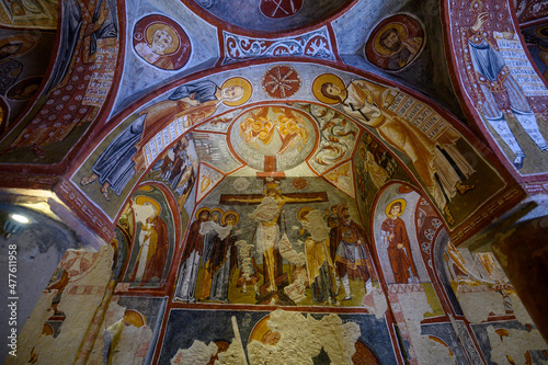 Frescos and murals in ancient cave Apple Church or Elmali Kilise painted in directly onto rock  Goreme  Cappadocia  Turkey