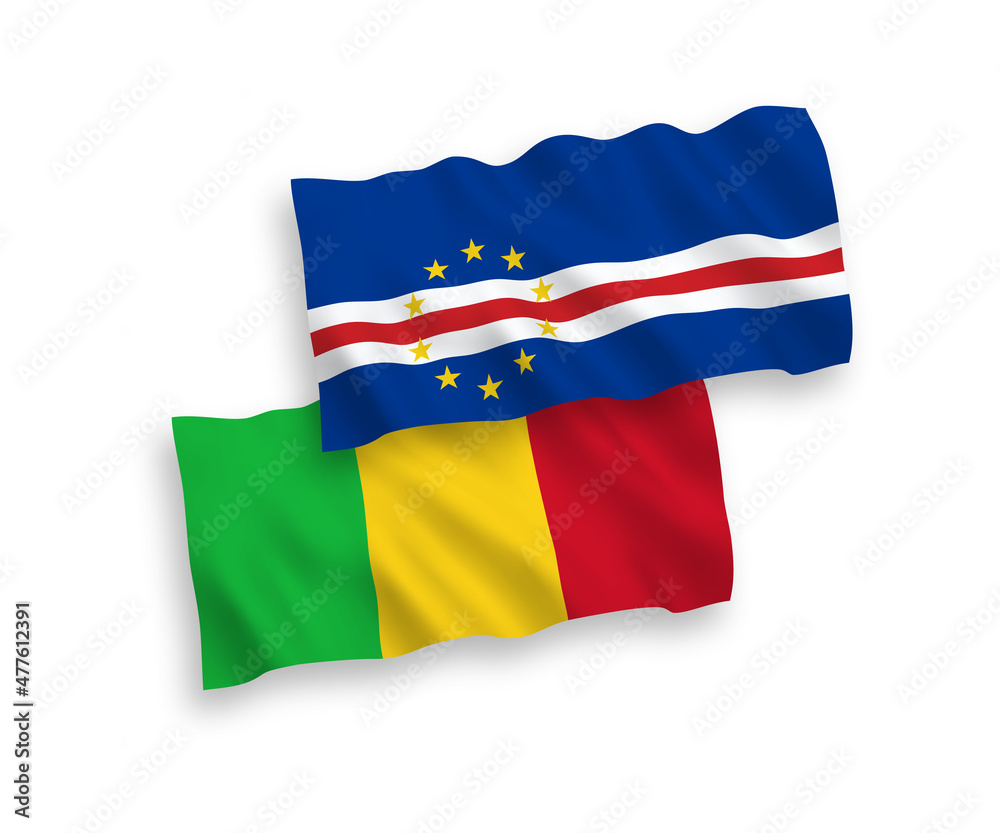 National vector fabric wave flags of Republic of Cabo Verde and Mali isolated on white background. 1 to 2 proportion. National vector fabric wave flags of Republic of Cabo Verde and Mali isolated on white background. 1 to 2 proportion.