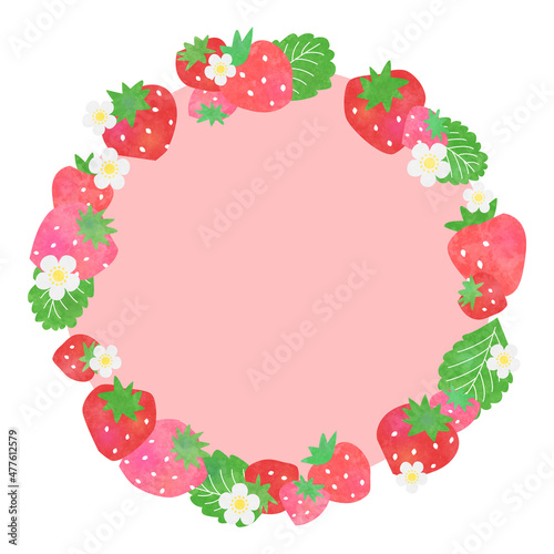 手描き水彩風 イチゴの丸フレーム（ピンク背景）