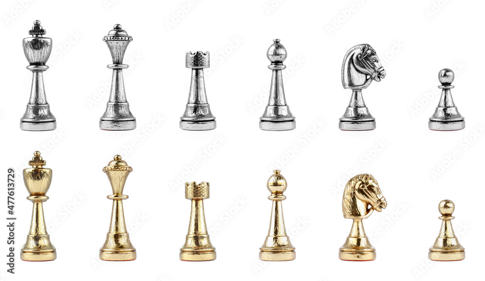 Set with golden and silver chess pieces on white background Set with golden and silver chess pieces on white background