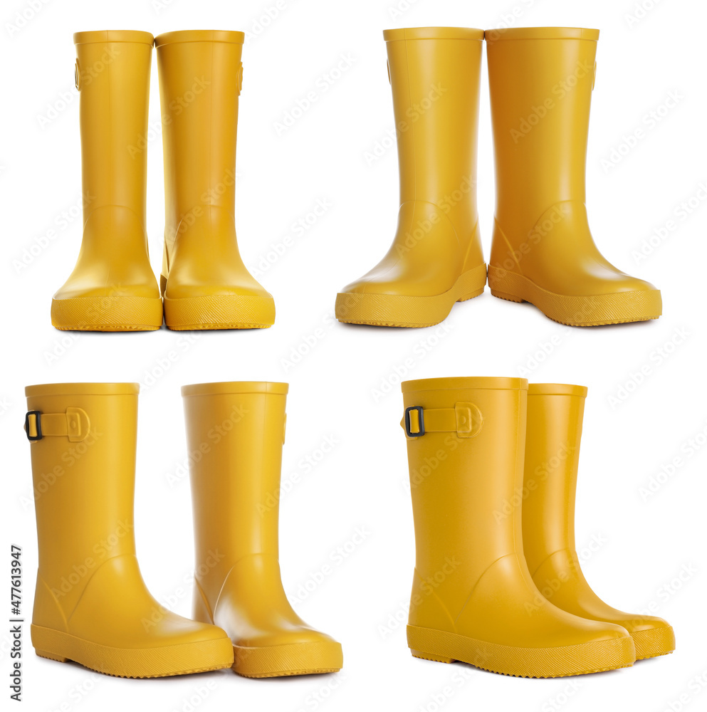 Set with yellow rubber boots on white background Set with yellow rubber boots on white background