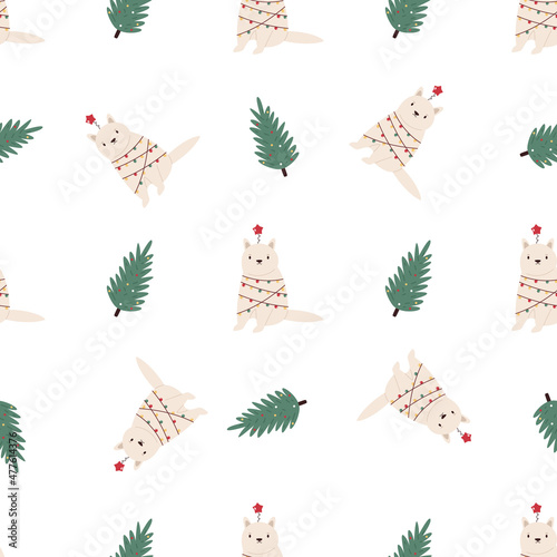 Seamless holiday pattern with cat in light decorations and Christmas tree