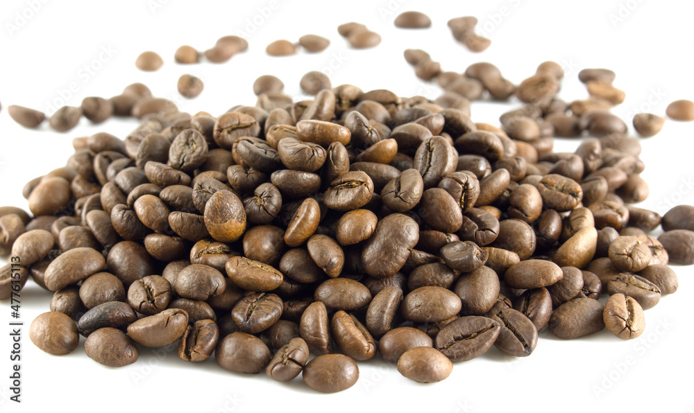 Bunch of roasted arabica coffee beans on a white background. Bunch of roasted arabica coffee beans on a white background.