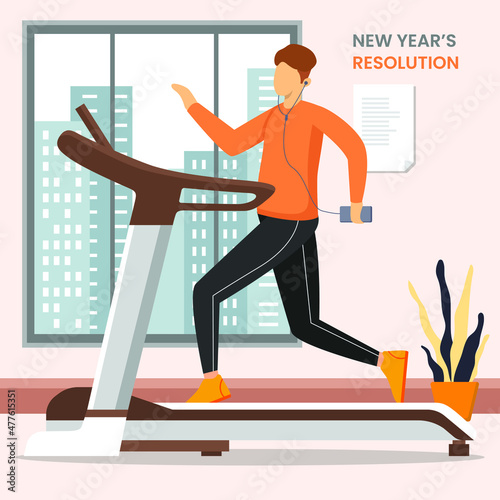 Male resolutions in the next new year are to start exercising regularly by following the gym program. Vector colorful illustration. New year resolution.