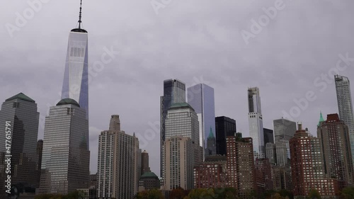 Lower Manhattan Skyline, Financial District and World Trade Center building. panning shot