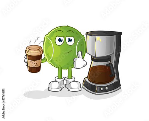 tennis ball drinking coffee illustration. character vector