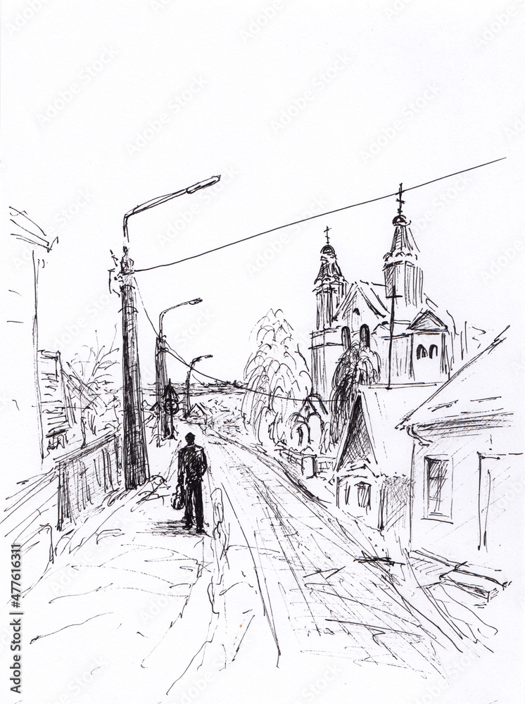 Ink drawing of Eastern European old street with Orthodox church and walking man. Small town street in Novogrudok, Belarus. Monochrome vertical painting. Original artwork for card, print, poster.