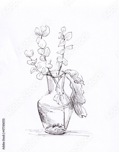 Minimalist ink sketch illustration of flowers and leaves in glass vase. Original artwork in retro style. Flowers drawn on paper. Use for wall decoration, poster, card, print. Spring botanical drawing.